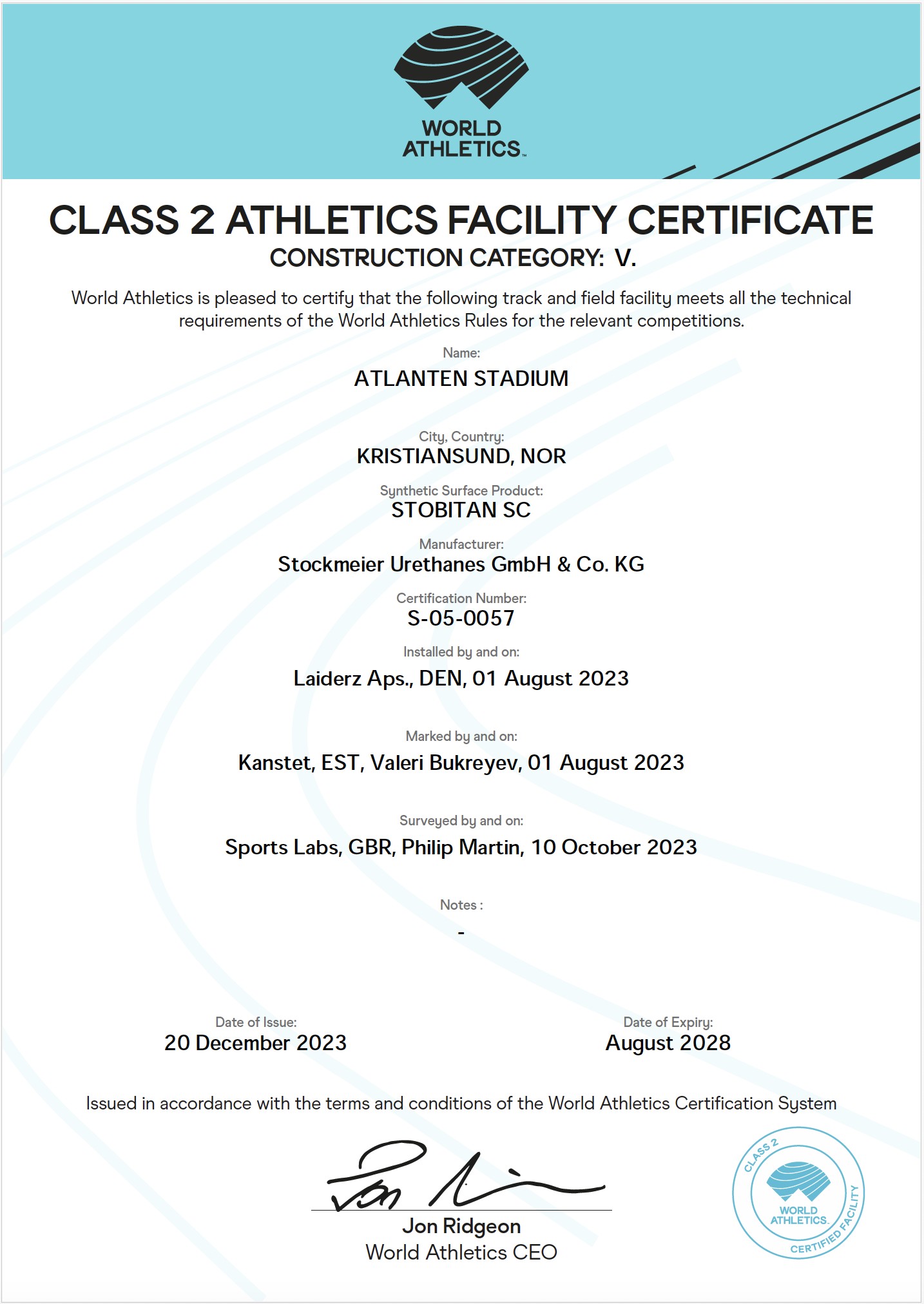 Certificat World Athletics Class 2, Construction Category: V.